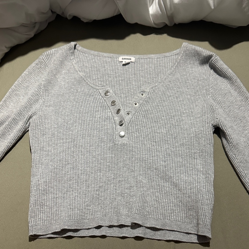 Garage Light Gray Ribbed Snap-Front Long Sleeve Tee
